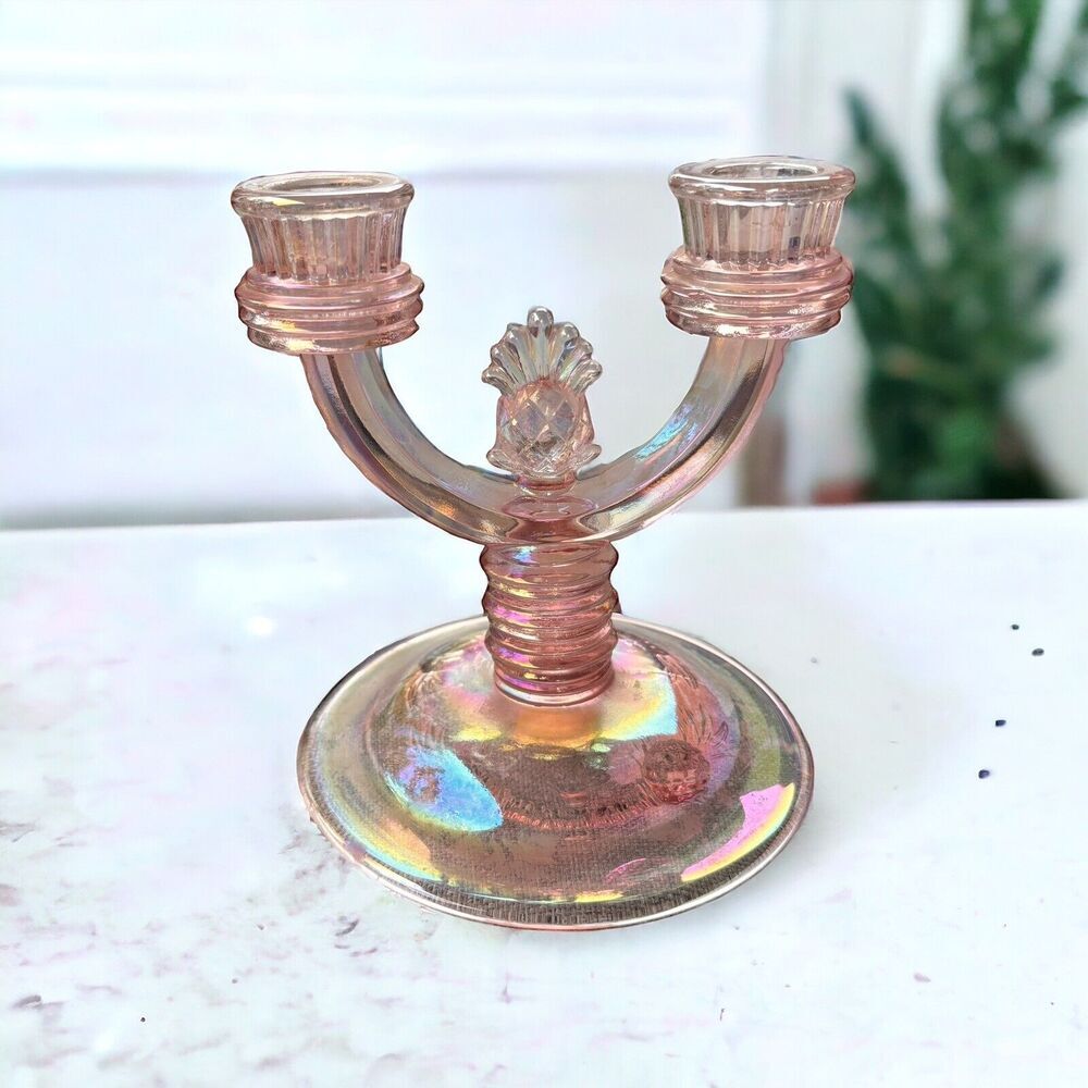 Fenton Pink Iridescent Candelabra Pineapple Welcome Two Candle